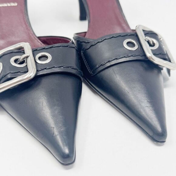 PRADA | Black Leather Heels with Silver Buckle D’Orsay Pumps Women’s Size 39 - Picture 9 of 12